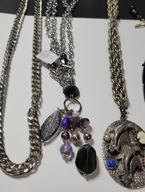 Silver-Tone Purple & Black Beaded Pendant Necklace